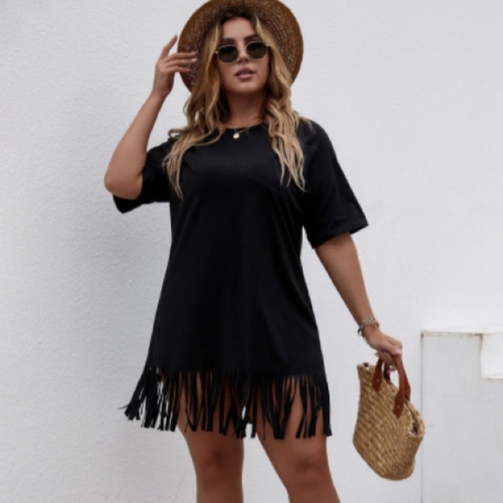 Shein Plus Solid Fringe Hem Tee Dress Black 2XL